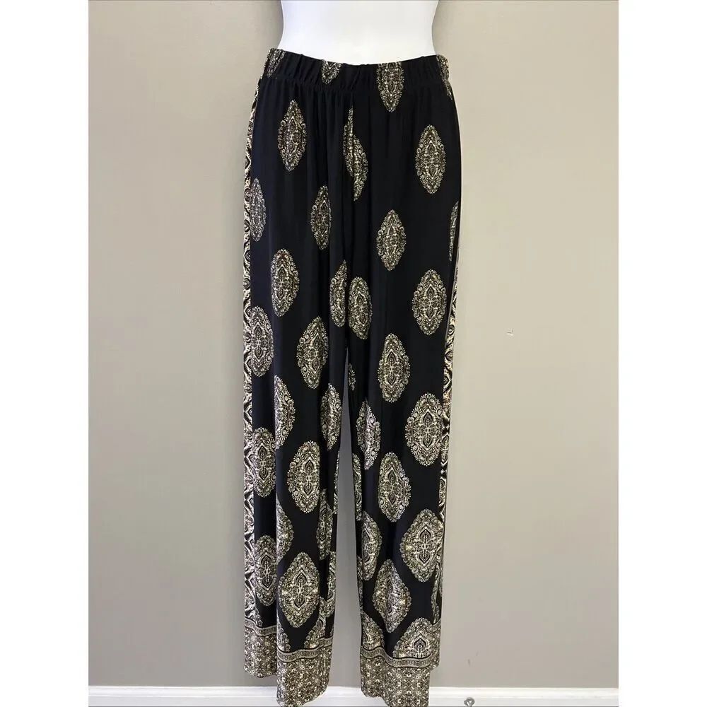 Susan Graver Black Abstract Shapes Side Stripe Pull-on Liquid Knit- Small (Tall)